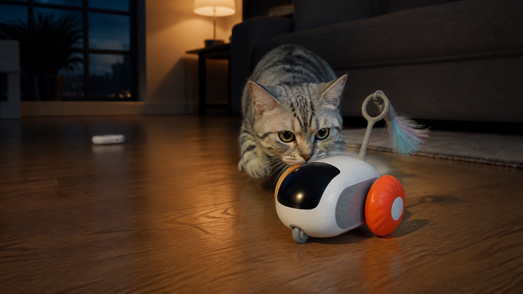 A silver tabby cat stalking the orange PREYMODE interactive cat car in a real living room