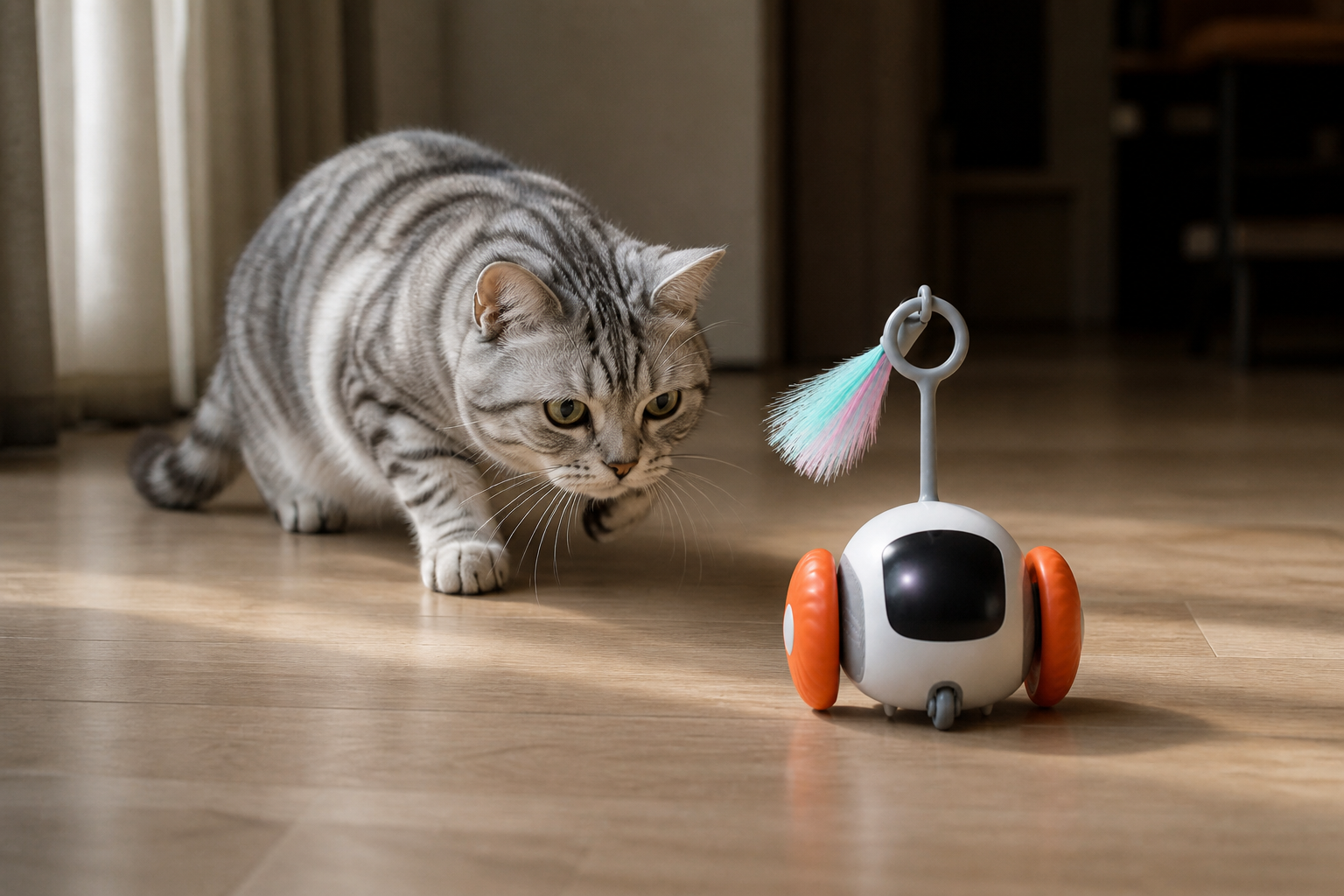 A silver tabby cat stalking an orange PREYMODE at realistic scale on a living-room floor