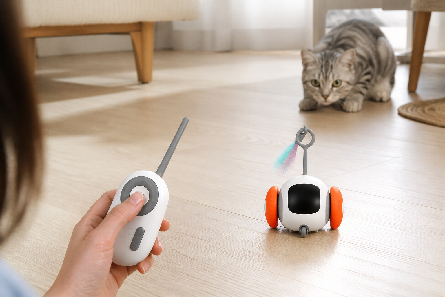 A person guiding PREYMODE with its included remote while a cat prepares to chase