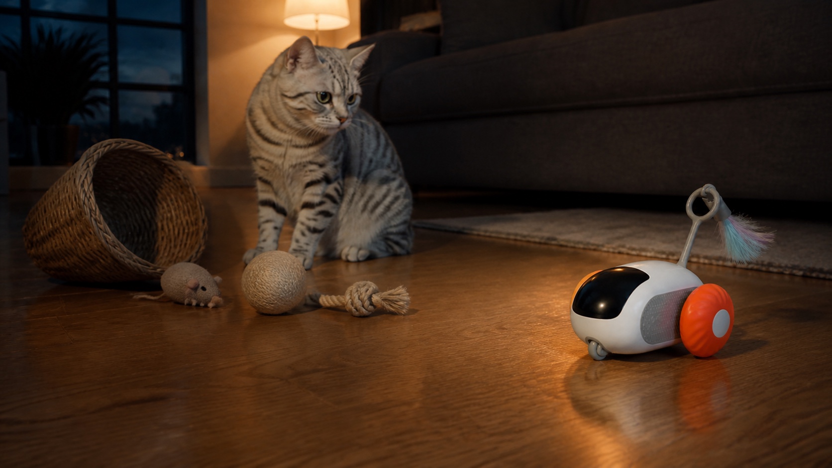 A cat noticing PREYMODE move away from a box of static toys